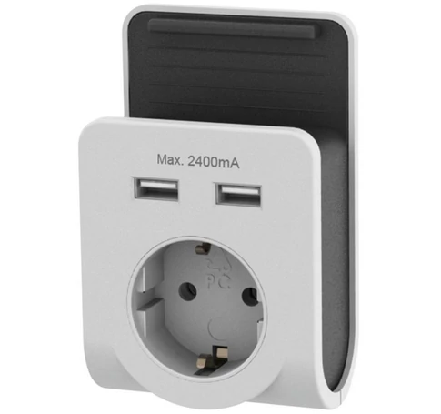 Földelt köztes csatlakozó aljzat 2xUSB töltővel és mobiltelefon tartóval
