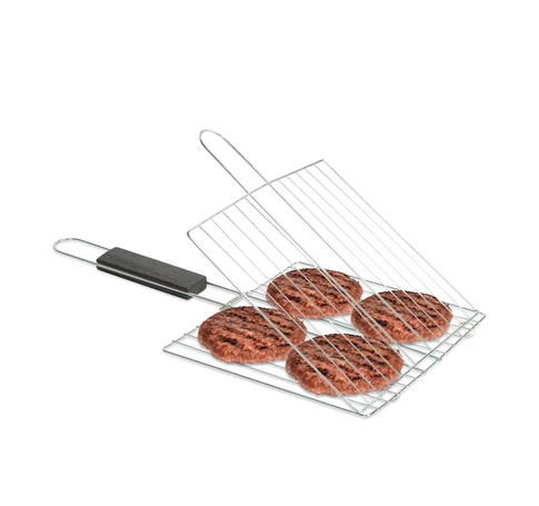 Grill hamburger sütő rács - króm bevonattal, fa nyéllel - 38 x 22 cm