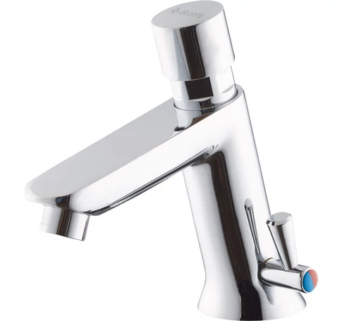Timed washbasin mixer with temperature control - without closing the drain