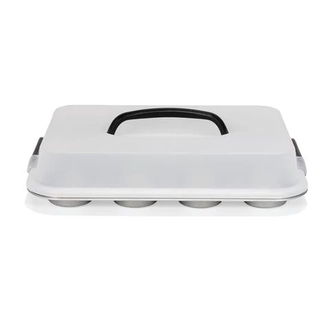 PATISSE SILVER-TOP 12-muffin tin with lid and handle