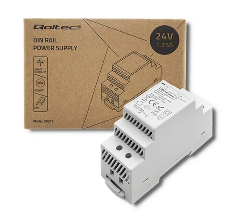 Qoltec Din Rail Power Supply | 30W | 24V | 1.25A | Grey