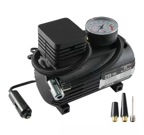 SAL 90304 autós kompresszor, 250 PSI, 18 bar, 10 A, 3 fúvókaadapter, 2,5m vezeték