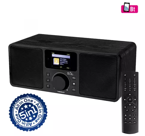 SAL INR 5000/BK internetrádió, 5 in 1, 2x5 W, Bass reflex, világrádió, FM RDS, BT, AUX, Média Center hálózati zenetár, EQ