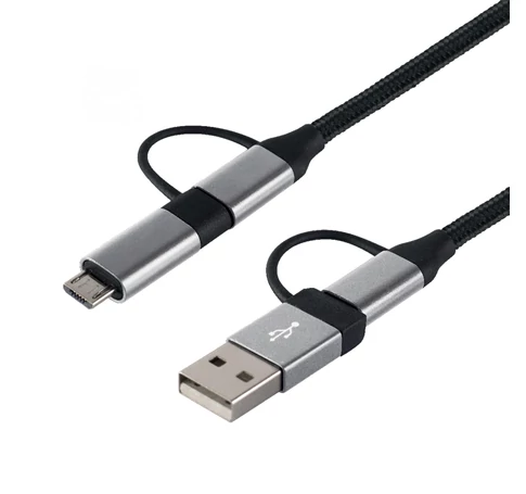 Home USB MULTI 4in1 töltőkábel, USB-C, microUSB, USB-A, QC, PD, szőtt nejlon, 480 Mbps, 60Wmax, 1,5m vezeték