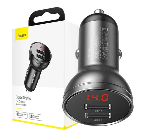 Ładowarka samochodowa Baseus z wyświetlaczem, 2x USB, 4,8A, 24W (szara)