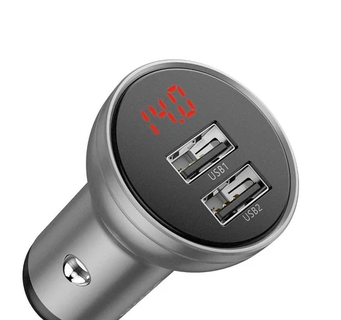 Ładowarka samochodowa Baseus z wyświetlaczem, 2x USB, 4,8A, 24W (srebrna)