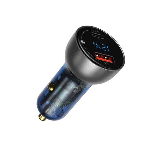 Baseus Particular autós töltő digitális kijelzővel, USB + USB-C, QC3.0 + PD, 5A, 65 W (ezüst)