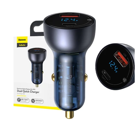Ładowarka samochodowa Baseus Particular Digital Display z wyświetlaczem, USB + USB-C, QC3.0+PD, 5A, 65W (szara)