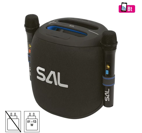 SAL PARCUBE boombox, 100 W, 2db vezeték nélküli mikrofon, 5db hangszóró, LED fényeffekt, IPX5 védelem, Bluetooth