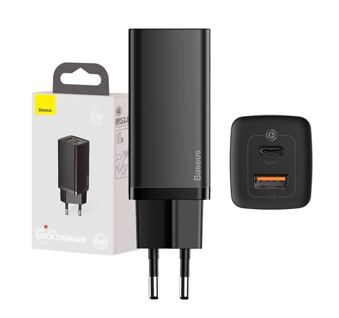 Baseus GaN2 Lite fali töltő, USB + USB-C, 65 W, EU (fekete)
