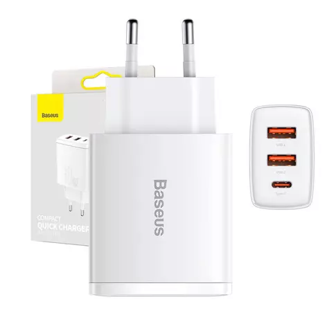 Baseus kompakt gyorstöltő hálózati töltő, 2xUSB, USB-C, PD, 3A, 30W (fehér)