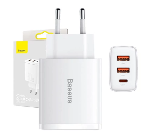 Baseus kompakt gyorstöltő, 2xUSB, USB-C, PD, 3A, 30 W (fehér)