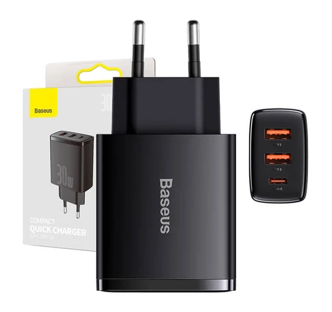 Baseus kompakt gyorstöltő, 2xUSB, USB-C, PD, 3A, 30 W (fekete)