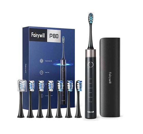 Szczoteczka soniczna do zębów z zestawem końcówek i etui FairyWill FW-P80 (Czarna)