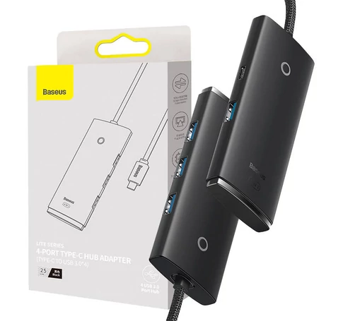 Baseus Lite Series 4 az 1-ben hub, USB-C - 4x USB 3.0 + USB-C, 25cm (fekete)