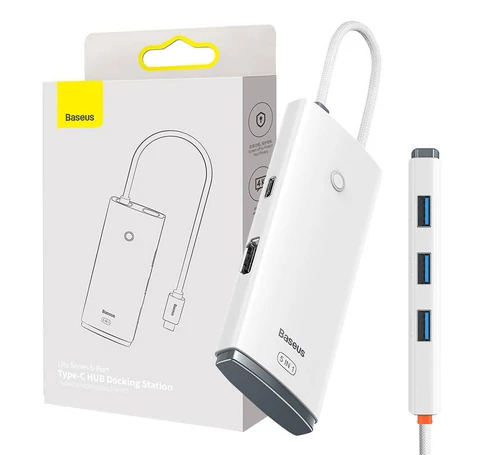 Baseus Lite Series 5 az 1-ben hub, USB-C - 4x USB 3.0 + USB-C + HDMI (fehér)