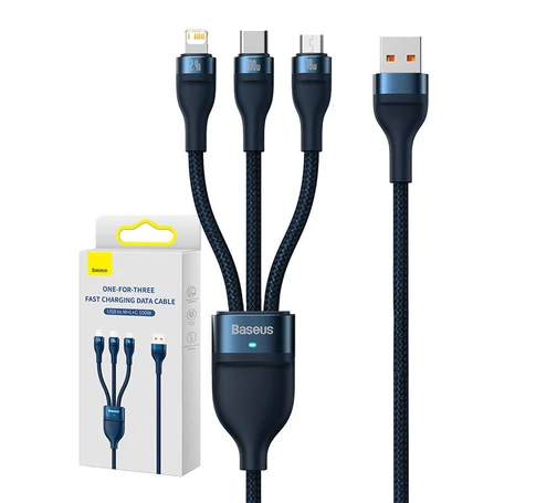Baseus Flash Series 3 az 1-ben USB-kábel, USB-C + micro-USB + Lightning, 100W, 1,2m (kék)