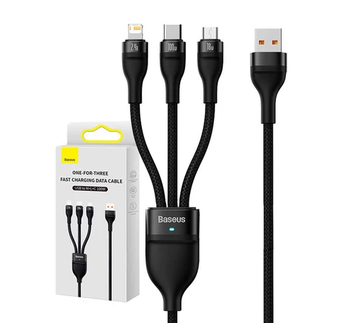 Baseus Flash Series 3 az 1-ben USB-kábel, USB-C + micro USB + Lightning, 100W, 1.2m (fekete)
