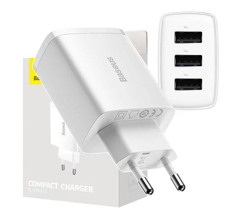 Baseus kompakt gyorstöltő, 3x USB, 17W (fehér)