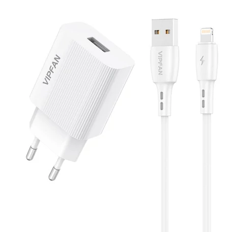 VFAN E01 hálózati töltő, 1x USB, 2,4A + Lightning kábel (fehér)