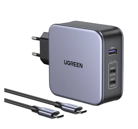 UGREEN CD289 hálózati töltő, 2x USB-C, 1x USB-A, GaN, 140W, kábel 1.5m (szürke)