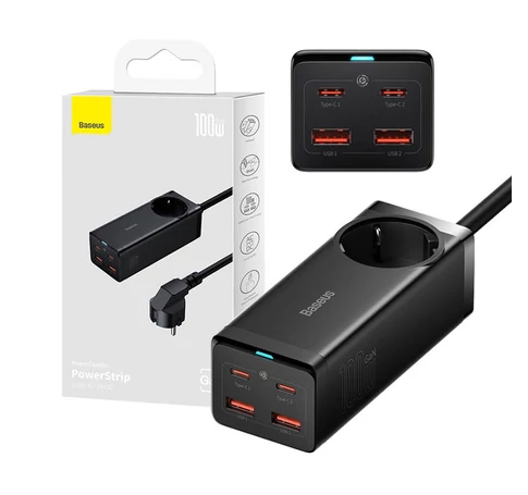 Baseus GaN3 Pro Töltő / elosztó, 2xUSB + 2xUSB-C + AC, 100W (fekete)