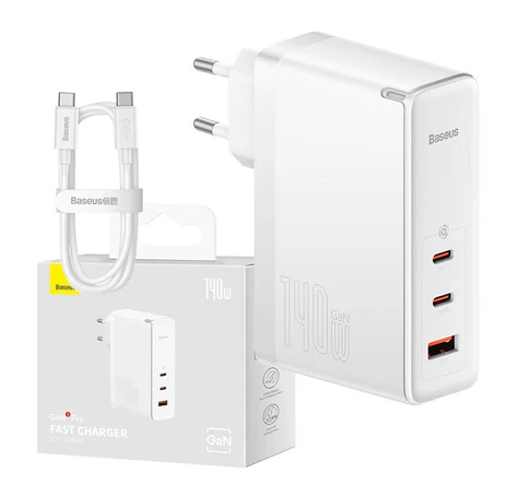 Baseus GaN5 Pro Gyorstöltő, 2xUSB-C + USB, 140W (fehér)