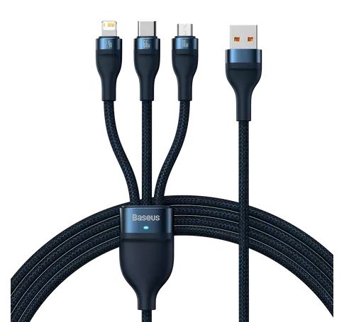 Baseus Flash sorozat 3 az 1-ben USB kábel, USB-C + micro USB + Lightning, 66 W, 1,2 m (kék)