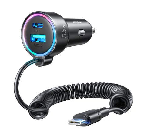 Car charger Joyroom JR-CL07, 3-in-1, 1x USB + 1x PD, 55W + Type-C cable (black)