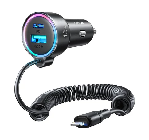Ładowarka samochodowa Joyroom JR-CL08, 3w1, 1xUSB 1xUSB-C + kabel Lightning 55W (czarna)