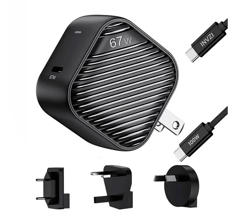 Ładowarka sieciowa INVZI GanHub 1x USB-C, 67W, EU/UK/AU/US + kabel USB-C 1.5m (czarna)