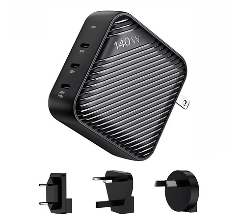 Wall charger INVZI GanHub 3x USB-C, 140W, EU/UK/AU/US (black)