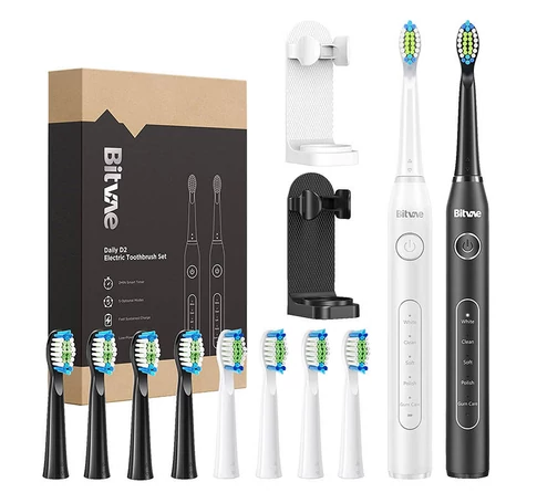 Sonic toothbrushes with tips set and 2 toothbrush holders Bitvae D2+D2 (white and black)