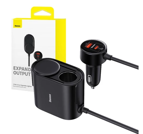 Baseus High Efficiency Pro 1-for-2 autós töltő és szivargyújtó, 30W (fekete)