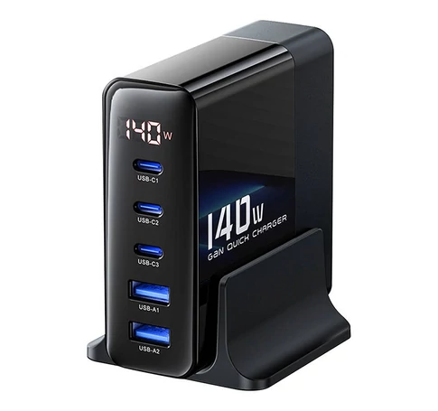 Ładowarka sieciowa Toocki 3xUSB-C + 2xUSB, GaN 140W (czarna)