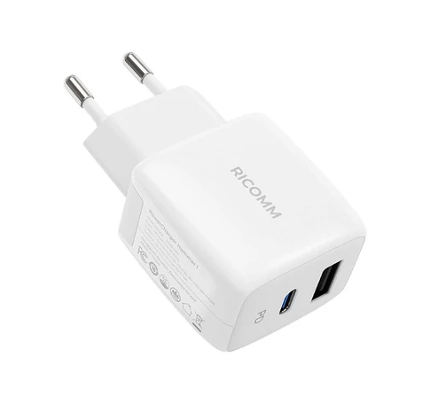 Ładowarka sieciowa 25W PD Ricomm RC252 EU, 1xUSB-A, 1xUSB-C + kabel USB-C 2.1m