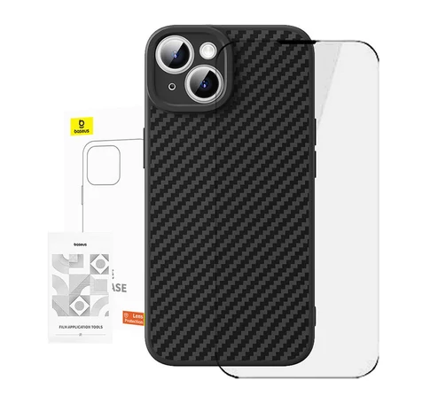 Case Baseus sintetikus szál iPhone 15 + edzett üveg