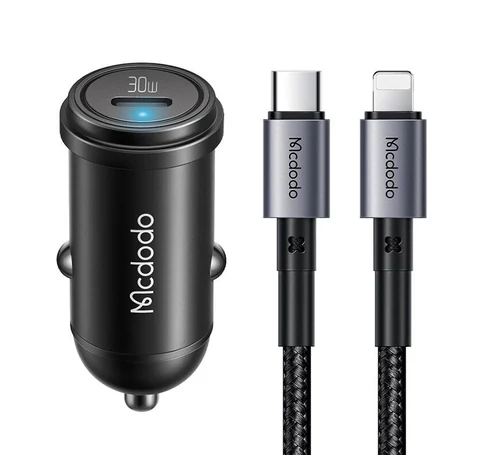 Ładowarka samochodowa Mcdodo CC-7492, USB-C, 30W + USB-C-Lightning kábel (fekete)