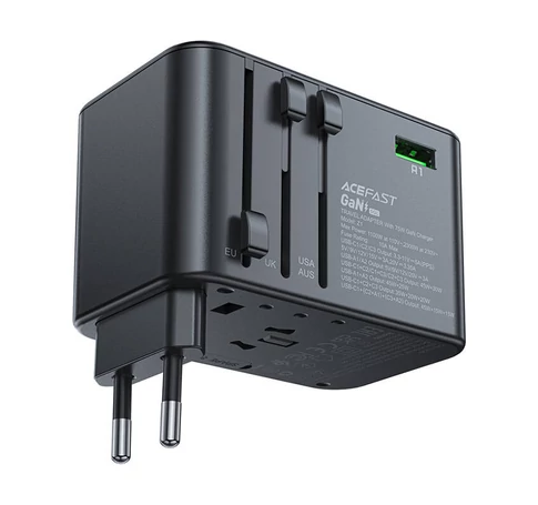 Multifunctional travel wall charger Acefast Z1, 2xUSB-A, 3xUSB-C, GaN, 67W, US/EU/UK/AU (black)