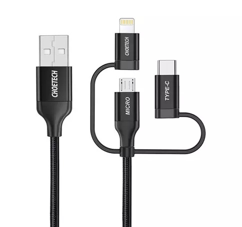 Choetech IP0030 töltőkábel, MFi 3-1-ben, USB-A/Lightning/Micro USB/USB-C, 5 V, 1,2 m (fekete)