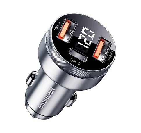 Car Charger 2xUSB-A+USB-C 80W Essager LED (grey)