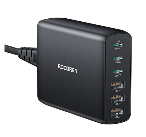 Ładowarka sieciowa Rocoren 3x USB-C, 3x USB, GaN, 100W (czarna)