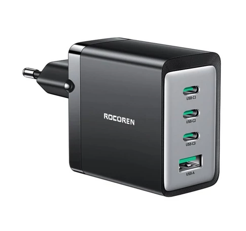 Rocoren hamis töltő 3x USB-C, 1x USB, GaN, 67W (fekete)