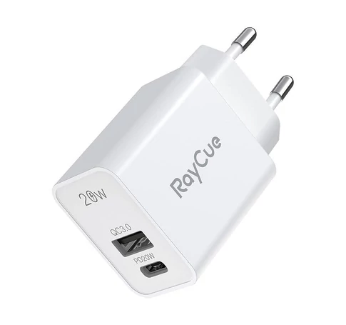 RayCue USB-C + USB-A PD 20W EU töltő (fehér)