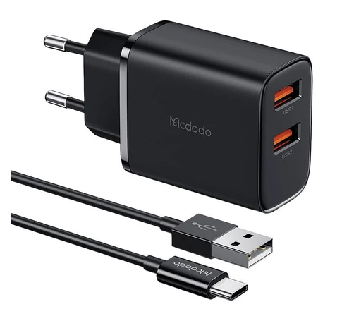 Ładowarka sieciowa Mcdodo CH-5072 USB-A*2, 12W + USB-A - USB-C kábel (fekete)