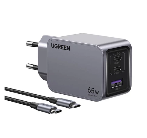 Ładowarka sieciowa Ugreen Nexode Pro, USB + 2x USB-C, 65W + kabel USB-C 1.5m (czarna)