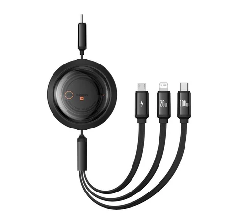 Fast Charging Cable 3in1 Baseus Free2Draw USB-C to USB-C/Lightning/Micro 100W, 1,1m (black)