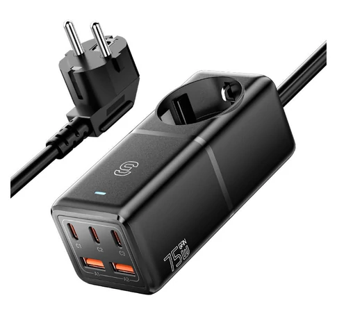 Wall charger, Essager, ECTAC-BRB01-Z, GaN, 3xUSB-C, 2xUSB-A, Gniazdko AC, 75W (black)