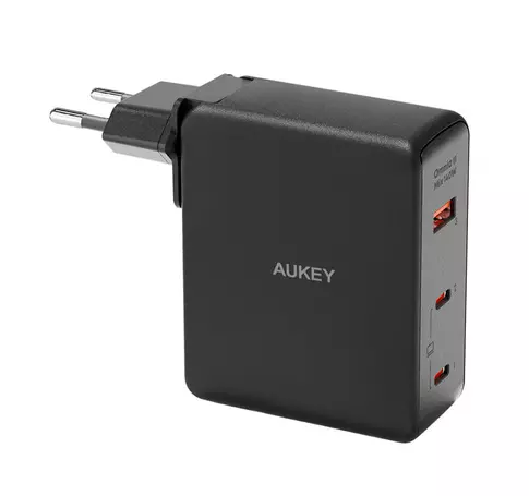 Wall charger Aukey PA-B7O, 1xUSB-A, 2xUSB-C, 140W GaN (black)