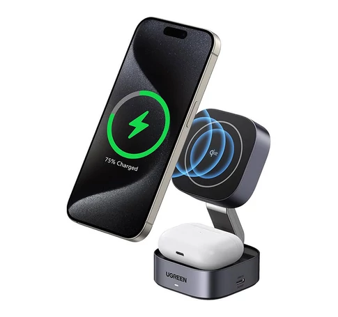 Qi2 2-in-1 inductive charger Ugreen W702 for Iphone, AirPods, 15W (gray)